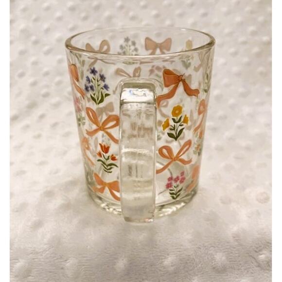 Bows & Flowers Clear 18oz Coffee Mug by Clementine, Goldtone Accents-NEW - Picture 2 of 7